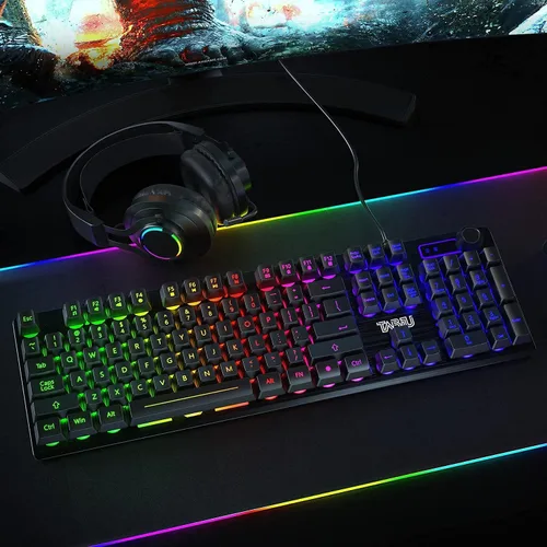 Vista 7 de Teclado para juegos, teclado de membrana con cable de 105 teclas, teclado retroiluminado LED arcoíris, diseño de tecla flotante, panel de aleación