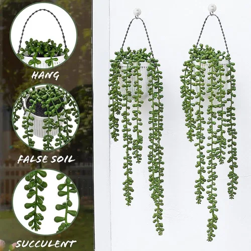 Vista 3 de NURCIX Simulación de vegetación artificial suculenta 5 tenedores lágrimas para los amantes de la planta colgante perlas falsas decoración del hogar