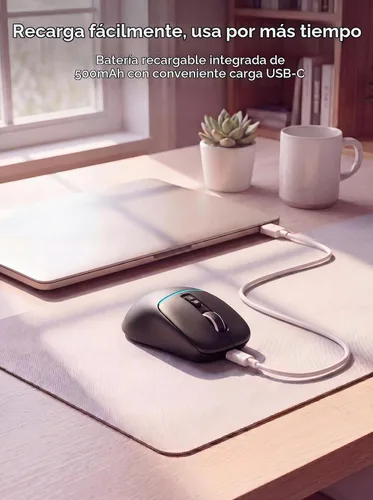 Vista 6 de RAPIQUE Ratón inalámbrico Bluetooth dual y receptor USB de 2.4 GHz, 4 niveles de DPI (1000-3200), recargable tipo C, clic silencioso, mouse compacto