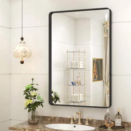 Vista 34 de Paquete de 2 espejos de baño con marco de metal negro de 22 x 30 pulgadas, espejo rectangular redondeado negro mate, antioxidante, se cuelga