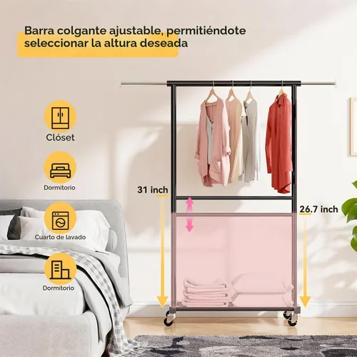 Vista 5 de Perchero de ropa estándar, 50 pulgadas de largo, con estantes de malla sobre ruedas, estante de armario portátil ajustable para dormitorio, cuarto