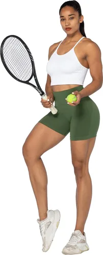 Vista 2 de Sunzel Pantalones cortos sin costuras para mujer, pantalones cortos de entrenamiento de 5 pulgadas, cintura alta, elásticos, para gimnasio, yoga