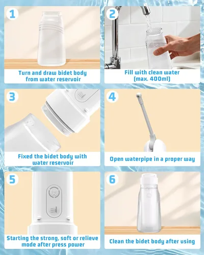 Vista 7 de Bidé portátil para viajes con botella de 13.5 fl oz, bidé eléctrico recargable de viaje con 3 modos de presión, rociador de bidé de mano impermeable