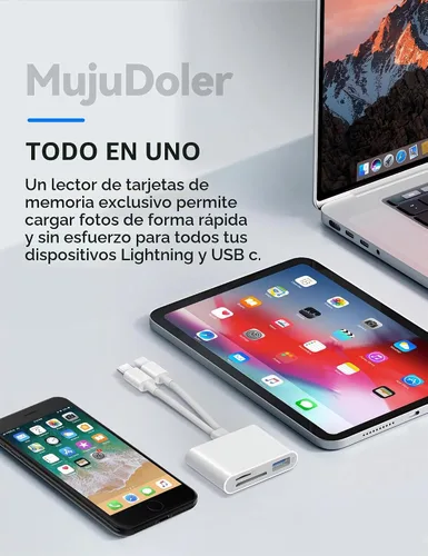 Vista 7 de Lector de tarjetas SD para iPhone iPad Lightning USB-C Adaptador de tarjeta de memoria de doble conector con ranuras dobles y puerto USB Visor