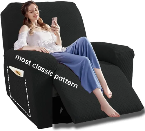 Vista 34 de YEMYHOM Funda elástica de 4 piezas para silla reclinable de jacquard con bolsillo lateral, antideslizante, ajustable, protector de muebles con parte