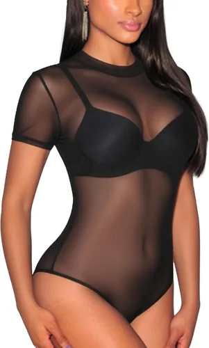Vista 19 de Lrady Women's Short Sleeve Bodysuit Mesh Sheer Going Out Tops K#1 Negro