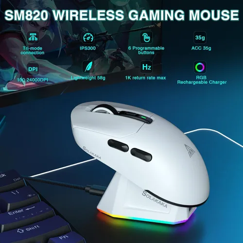 Vista 2 de SOLAKAKA SM820 - Mouse inalámbrico para juegos con base de carga RGB, 24000 DPI Tri-Modos Ratón inalámbrico con 2 botones laterales, mouse macro