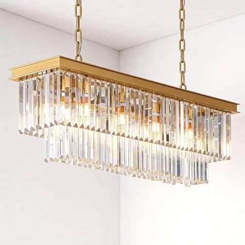 Vista 16 de Lámpara de Araña Moderna de Cristal K9, Luminaria Colgante de Techo Rectangular con 8 Luces para Comedor y Cocina, Acabado en Cromo, L33.5 Pulgadas