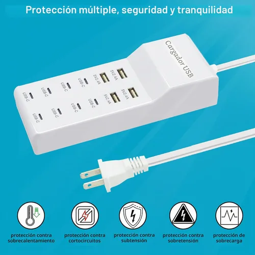 Vista 2 de Cargador USB, estación de carga de 12 puertos (4 puertos USB-A y 8 puertos USB-C) compatible con múltiples dispositivos para iPhone 15/14/13/12Pro