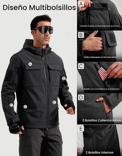 Vista 6 de FREE SOLDIER Chaqueta impermeable Softshell con forro polar para hombre, chaqueta táctica militar con capucha rompevientos Negro