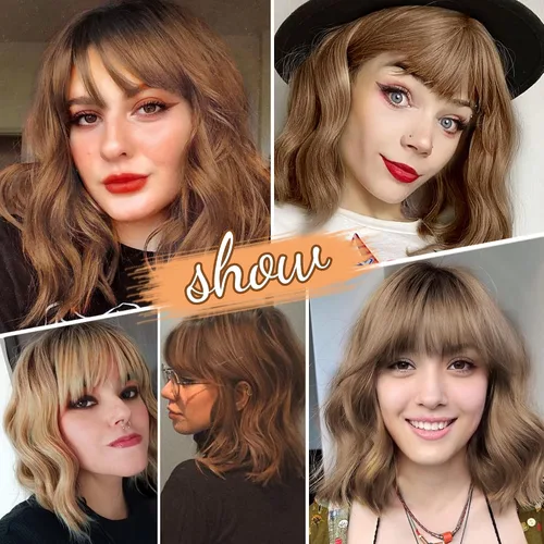 Vista 8 de VCKOVCKO - Peluca de cabello castaño claro rizada con flequillo de aire, onda natural rizada, peluca corta estilo Bob para mujer, longitud hasta
