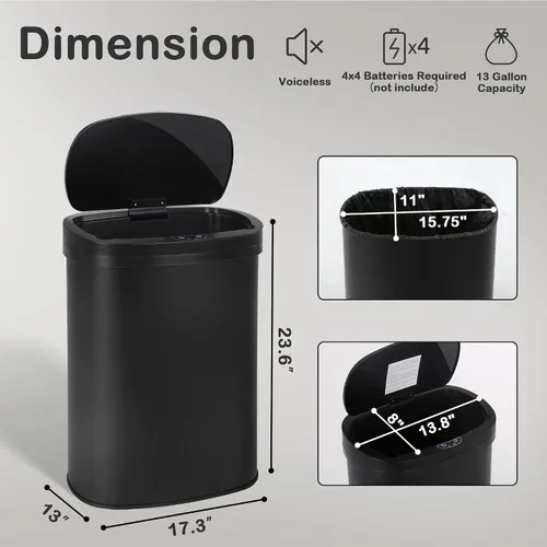 Vista 5 de Basurero automático de 13 galones con tapa y sensor de movimiento para la oficina en casa, dormitorio, baño, sala de estar, basura, acero inoxidable