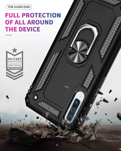 Vista 4 de TJS Funda compatible con Samsung Galaxy A50 2019, con protector de pantalla de vidrio templado, anillo de metal, soporte magnético, resistente Negro