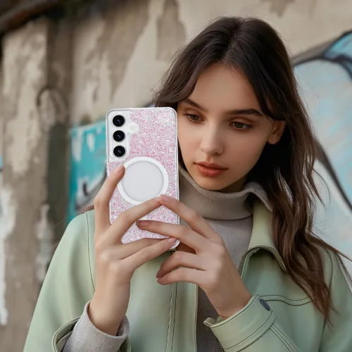 Vista 158 de Bonoma - Funda compatible con Samsung Galaxy S21 Plus, diseño de corazón con purpurina, color rosa Support for MagSafe, Plating Magnetic Case TPU