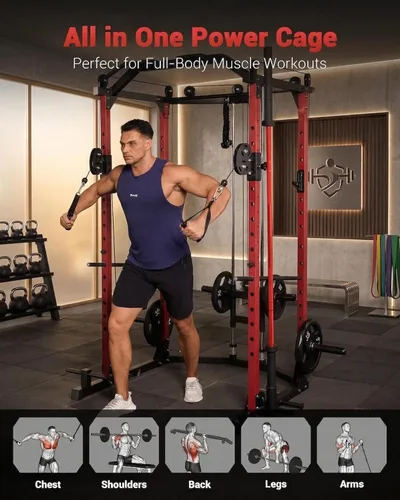 Vista 3 de GarveeLife Jaula de potencia, estantes de potencia multifuncionales para gimnasio en casa con sistema de cruce de cables, capacidad de peso de 1600
