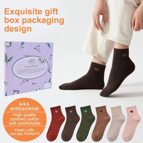 Vista 2 de Calcetines finos de algodón para mujer, calcetines suaves por encima del tobillo, 6 pares de calcetines divertidos con corazón novedoso