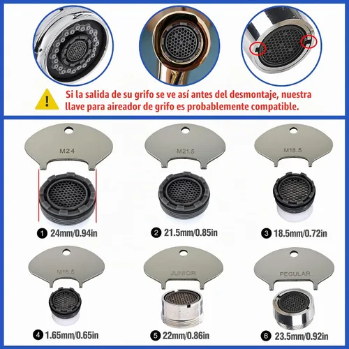 Vista 3 de Llave aireadora de grifo de acero inoxidable 304 mejorada 2025 – Ajuste universal para 6 tamaños (M16.5, M18.5, M21.5, M24, Junior, Regular)
