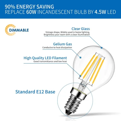 Vista 6 de ANWIO Bombilla de filamento LED G14 E12 con base de tornillo regulable de 4.5 W (equivalente a 60 W) 2700 K blanco cálido bombilla Edison