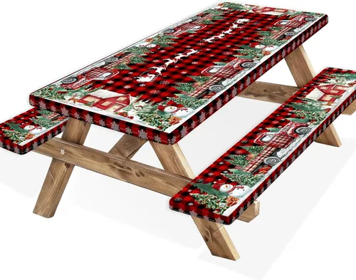 Vista 31 de Funda para Mesa de Picnic con Fundas para Bancos y Bolsa, Campista de Madera Impermeable Resistente al Viento, Cubierta de Mantel Ajustada con Borde