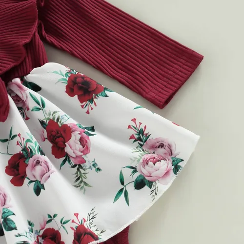 Vista 6 de Trajes de manga larga para niña recién nacida, cuello redondo, estampado de flores, patchwork con banda para el pelo, 2 piezas, ropa de otoño