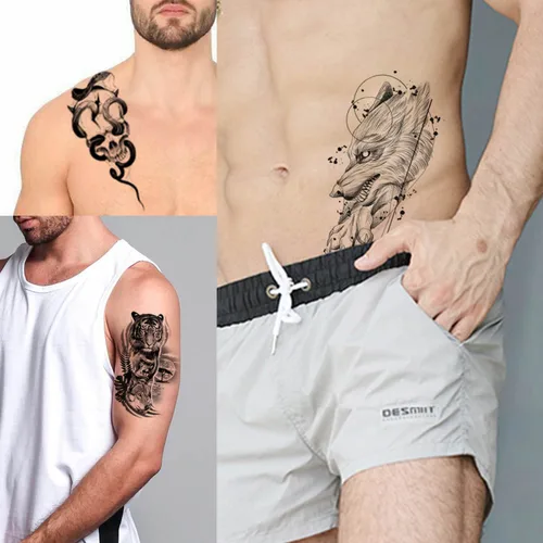 Vista 4 de GLARYYEARS Tatuaje temporal para hombres, paquete de 48 12 tatuajes falsos grandes, 36 pequeños tatuajes falsos, calcomanías realistas de larga