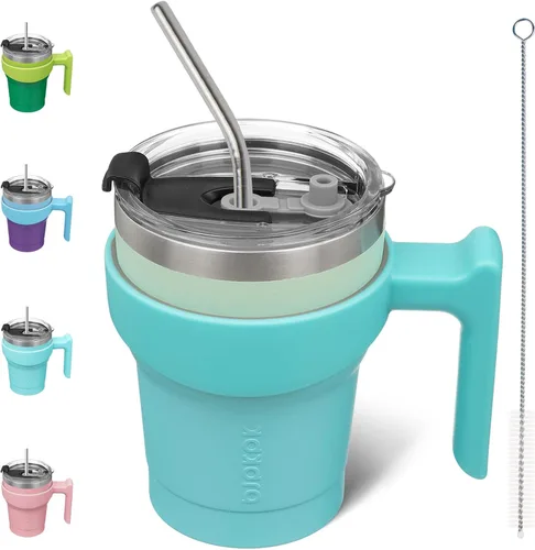 Vista 83 de BJPKPK Mini vaso de 10 onzas con tapa, popote y asa, taza de acero aislada