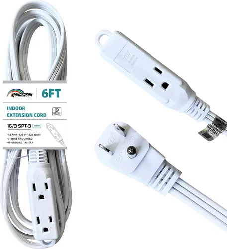 Vista 10 de Cable de extensión de enchufe plano de 3 tomas, certificado UL, cable de extensión para interiores de 16 calibre 1 pie negro de 3 puntas, tira