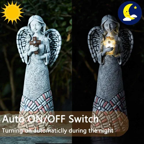 Vista 2 de Estatuas de jardín de ángeles, decoración solar al aire libre, regalos para mujeres, cruz oración para cementerio, patio trasero, decoración