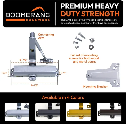 Vista 2 de Boomerang D703 - Cierrapuertas comerciales de diseño de servicio medio, múltiples opciones de montaje, cierrapuertas para zonas de tráfico