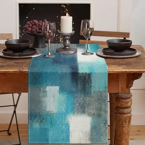 Vista 8 de Emvency - Camino de mesa de estilo granja, pintura de arte abstracto vintage en azul y gris para mesa de cocina, cenas familiares, fiestas, bodas