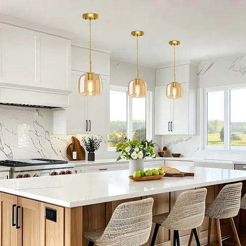 Vista 6 de Luces Colgantes de Isla de Cocina - Luz Colgante Dorada, Luces Colgantes de Latón Estilo Granja con Pantalla de Vidrio Ámbar, Luz Colgante Ajustable