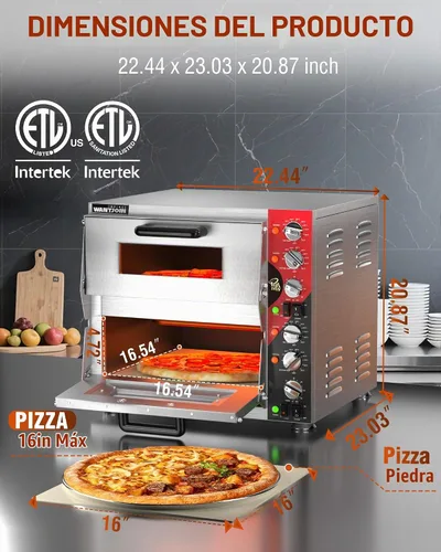Vista 6 de WantJoin Horno de pizza interior de 16 pulgadas, horno eléctrico comercial de doble cubierta con piedra para pizza, temperatura ajustable de 175 a