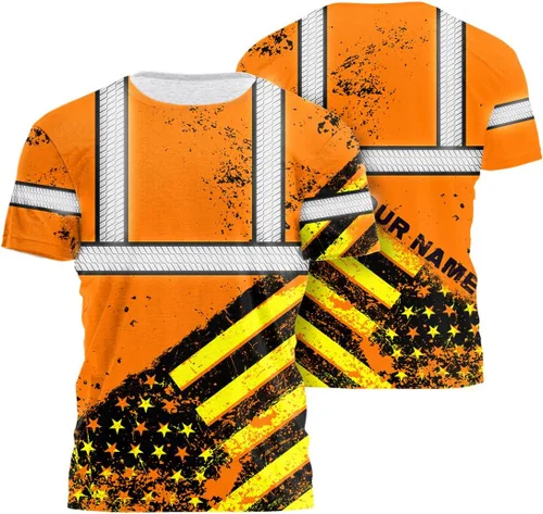 Vista 28 de Camisa de alta visibilidad de calavera con bandera de Estados Unidos para hombres, camisas de seguridad con nombre personalizado, ropa de trabajo