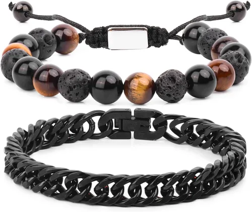 Vista 14 de Pulseras de cuentas negras para hombres y niños: 0.236 in de obsidiana ónix cuentas de lava para hombre conjunto de pulseras para hombre - Genial