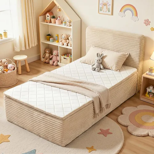 Vista 16 de Base de cama matrimonial sin hueso con cabecera de colchón, cama sin Beige