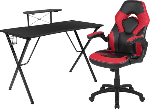 Vista 46 de Flash Furniture Juego de escritorio para juegos negro y silla de carreras blanco/negro con soporte para tazas, gancho para auriculares y soporte