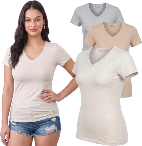 Vista 27 de Emmalise Camiseta de manga corta para mujer, cuello en V, tallas junior y plus