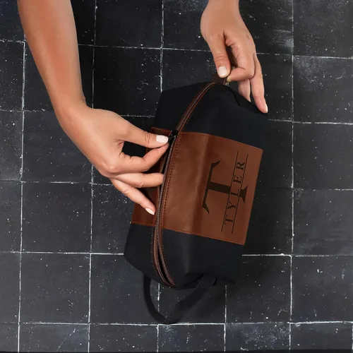Vista 2 de Neceser para hombre personalizado, grabado con láser inicial y nombre en cuero, 4 colores de lienzo personalizados - Regalo para esposo, papá