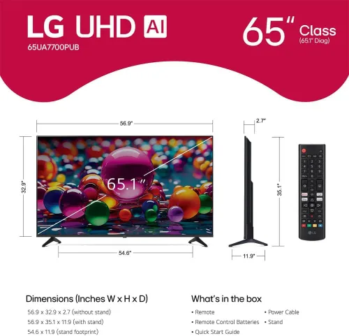 Vista 3 de LG Serie UA77 de 65 pulgadas LED AI 4K Smart WebOS TV 2025 HDR WiFi Bluetooth Streaming Bundle con cable HDMI y plan de protección CPS de 12 meses