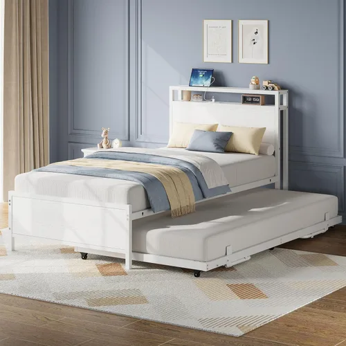 Vista 10 de IRONCK - Sofá cama doble con cama nido, cabecera de almacenamiento y estación de carga Sturdy Metal Twin Bed Frame, Space-Saving Pop Up Trundle