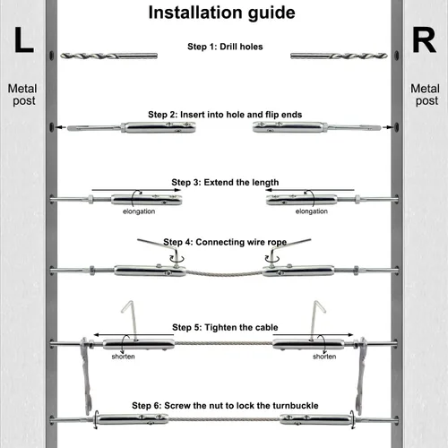 Vista 6 de Tensor de pasador de gota para barandilla de cable 1/8 Swageless L & R, 10 pares