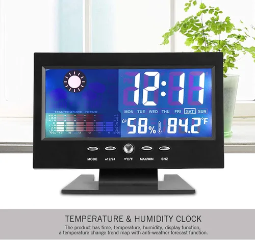 Vista 2 de Reloj digital, pantalla digital de temperatura y humedad con alarma, 12/24 horas conmutable para actividades y regalos