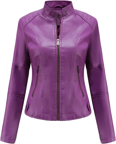 Vista 8 de DEAR MODEL Chaqueta de cuero sintético para mujer, chaqueta de motocicleta con cinturón, morado, XL