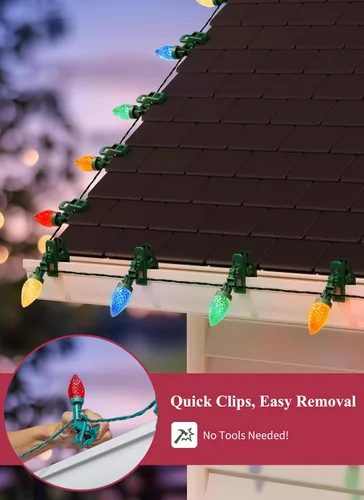 Vista 4 de Luces LED C9 de Navidad para exteriores, 68 pies, 100 luces LED de fresa con 100 abrazaderas de resorte, impermeable, grado comercial, extensible