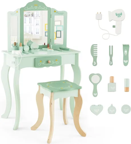 Vista 10 de HONEY JOY Juego de tocador para niños, mesa de maquillaje de madera estilo princesa con taburete y cajón, espejo de triple plegado, parte superior