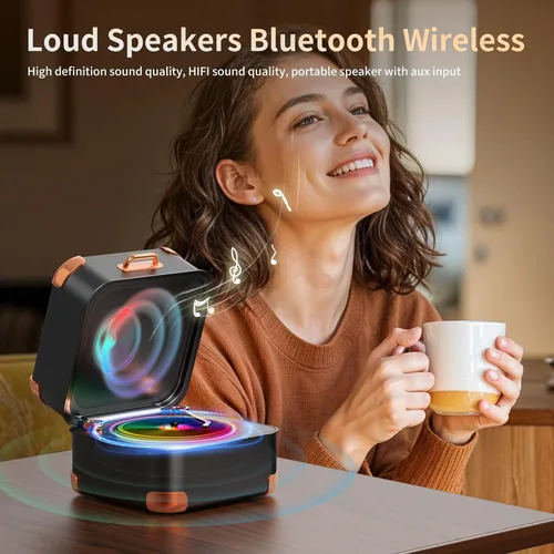 Vista 6 de Altavoz Bluetooth para tocadiscos, mini tocadiscos, vinilo retro, pequeño altavoz Bluetooth inalámbrico, calidad de sonido HD, kawaii, adecuado
