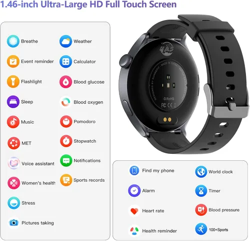 Vista 5 de YMS Reloj inteligente para mujer, Android, los mejores relojes de fitness impermeables para hombres (respuestas/hacer llamadas), frecuencia Negro