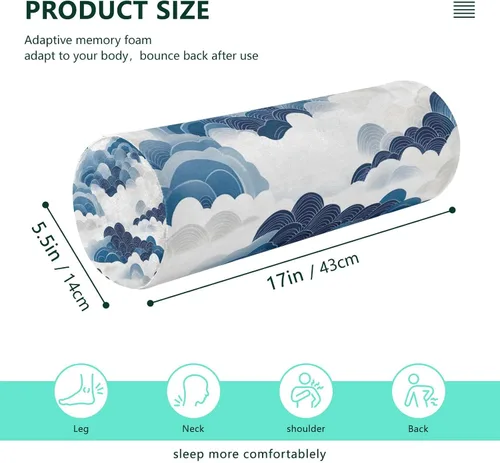 Vista 3 de Cervical Neck Roll, Blue White Clouds Round Pillow Washable Memory Foam Pillow, Bolster Pillow for Improved Sleeping, Travel, Home