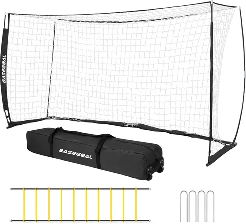 Vista 8 de BaseGoal Portería de Fútbol, Red de Fútbol, Porterías de Fútbol para Patio Trasero, con Marco de Lazo, Base Metálica Plegable y Escalera de Agilidad