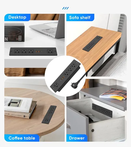 Vista 6 de Regleta de alimentación empotrada con PD 20W USB-C, salida de cajón empotrada, 4 tomas de corriente y 3 puertos USB, regleta de alimentación